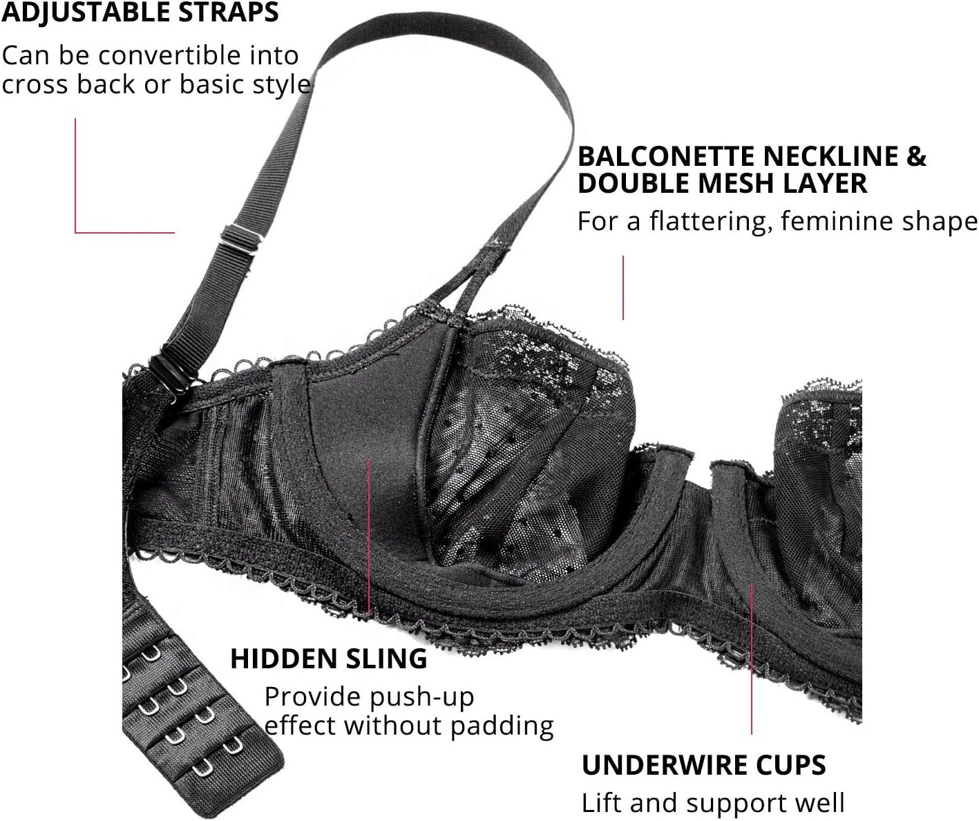 Sexy Lace Bra Underwire Balconette Unlined Demi Sheer Plus Size No Padded