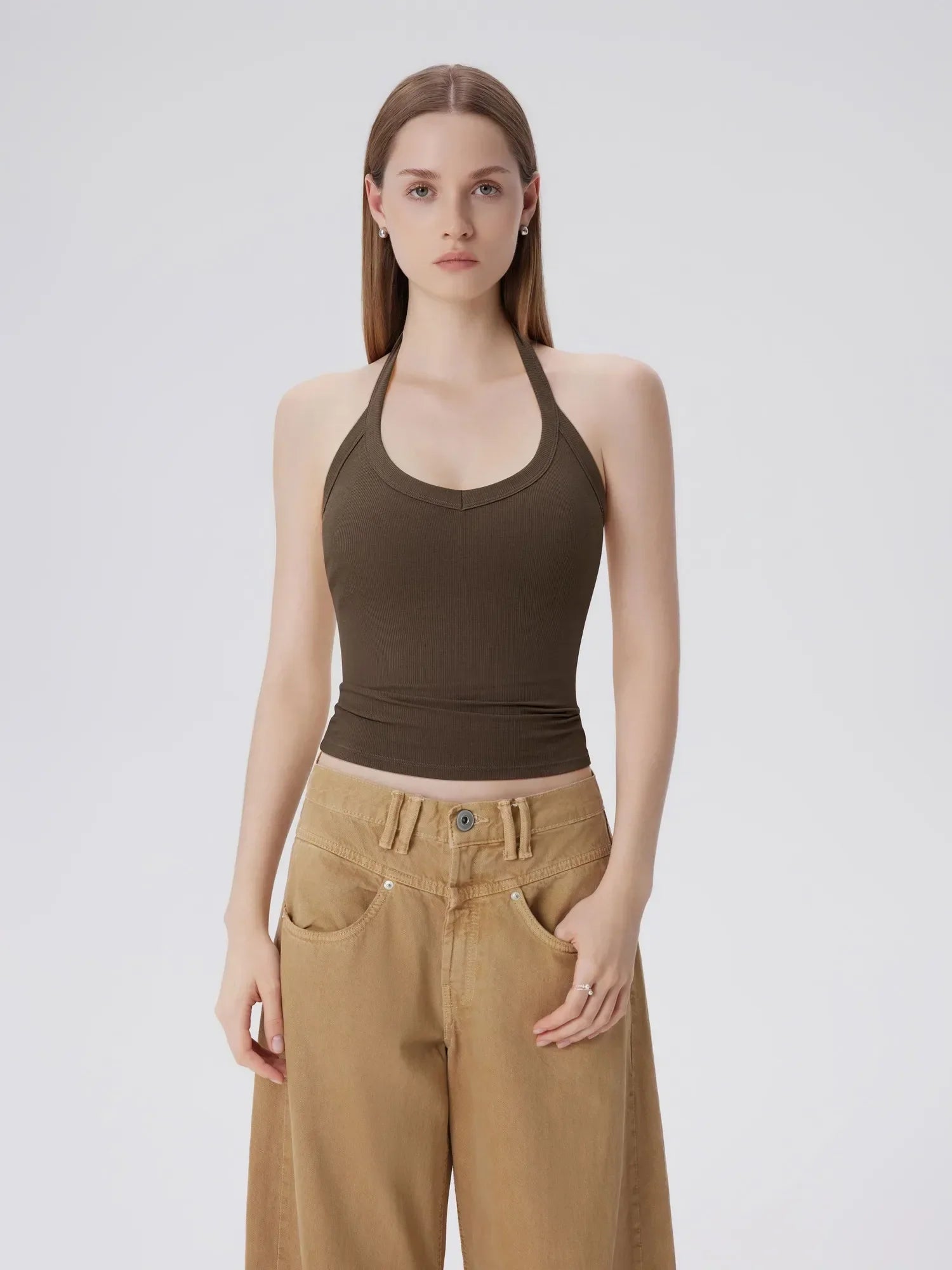 Cotton Ribbed V Neck Halter Tank Top