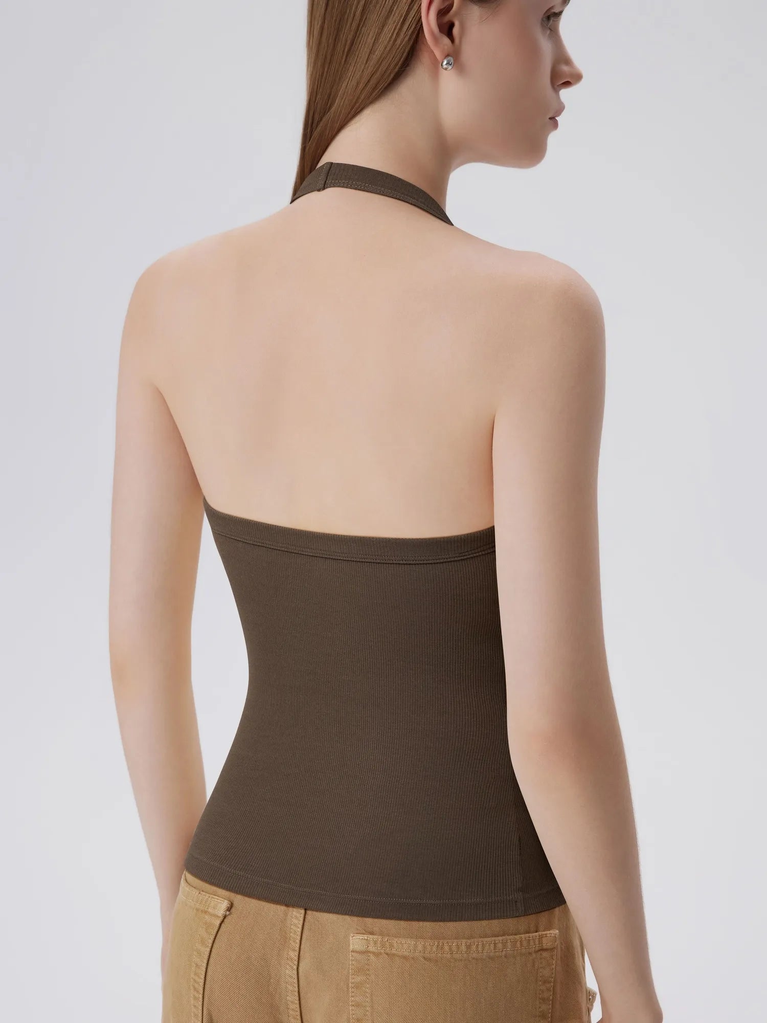 Cotton Ribbed V Neck Halter Tank Top