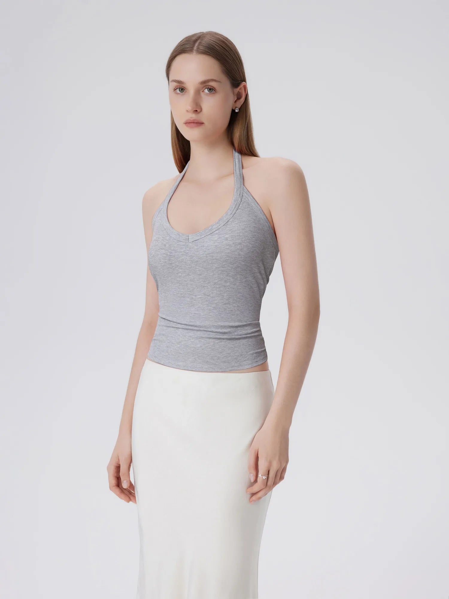 Cotton Ribbed V Neck Halter Tank Top