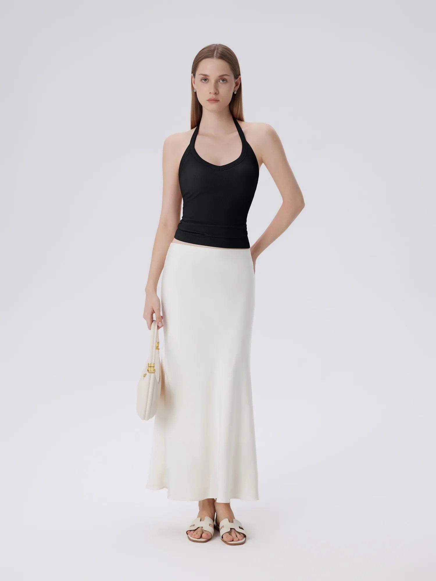 Cotton Ribbed V Neck Halter Tank Top