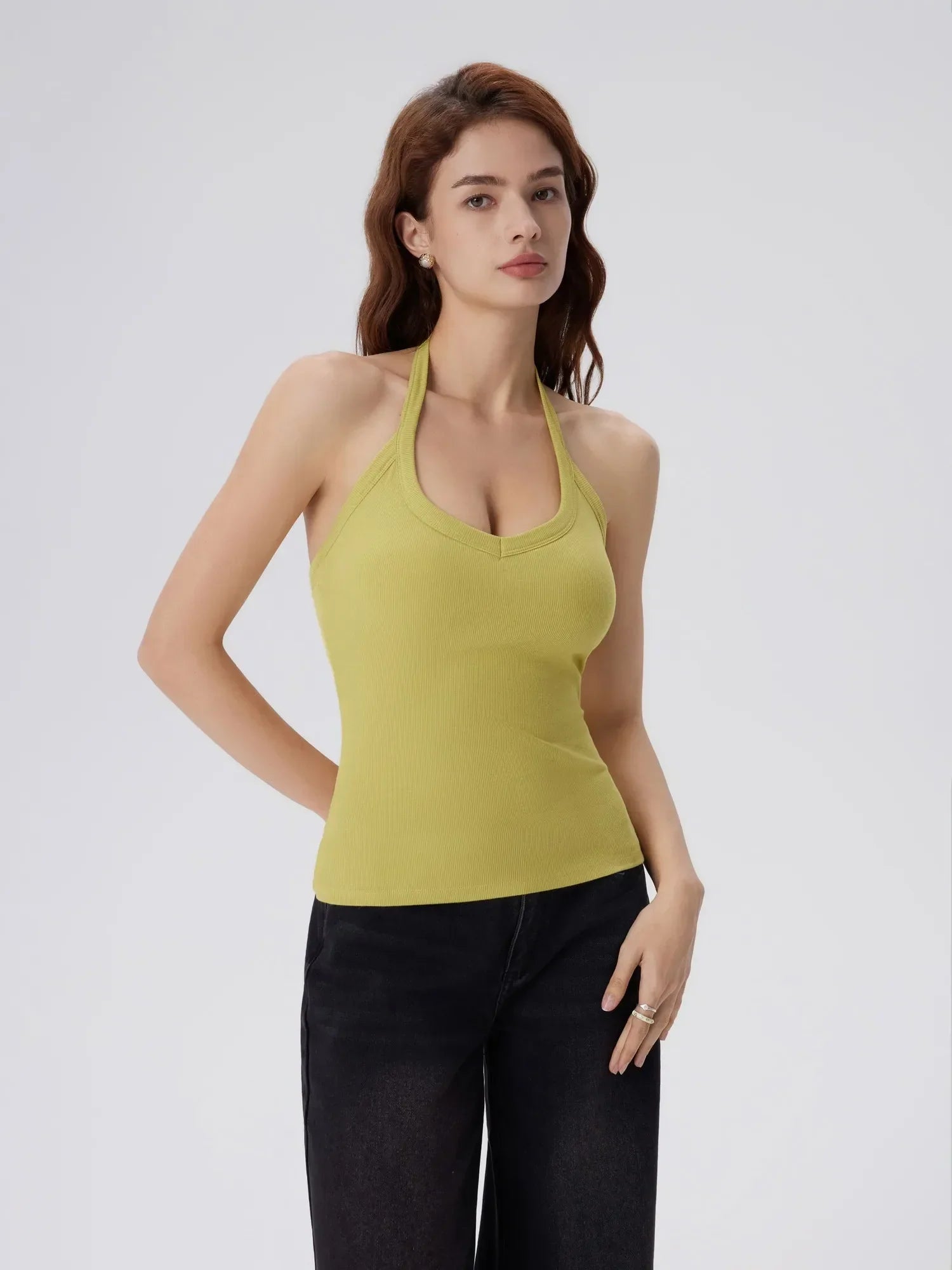 Cotton Ribbed V Neck Halter Tank Top