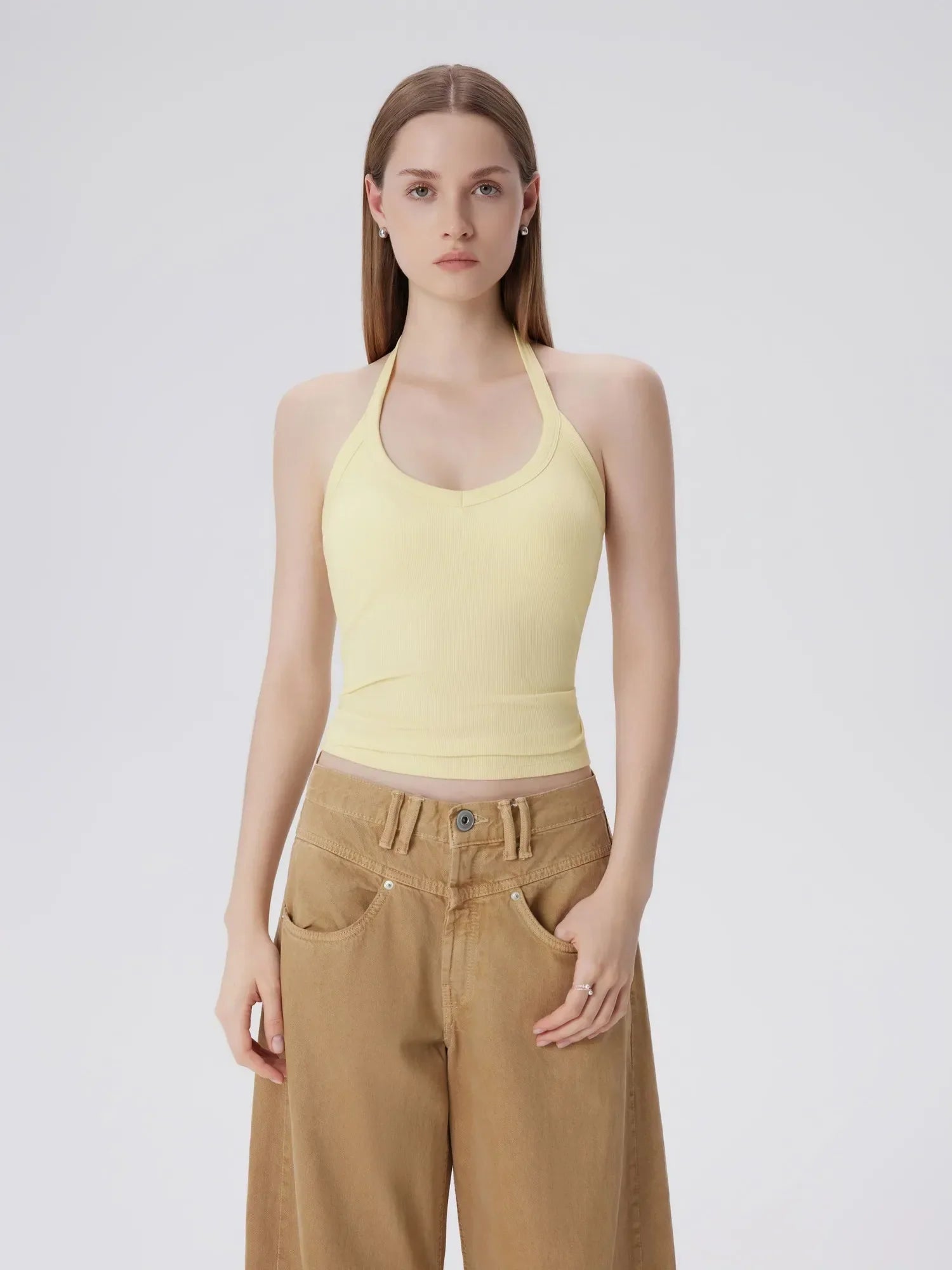 Cotton Ribbed V Neck Halter Tank Top